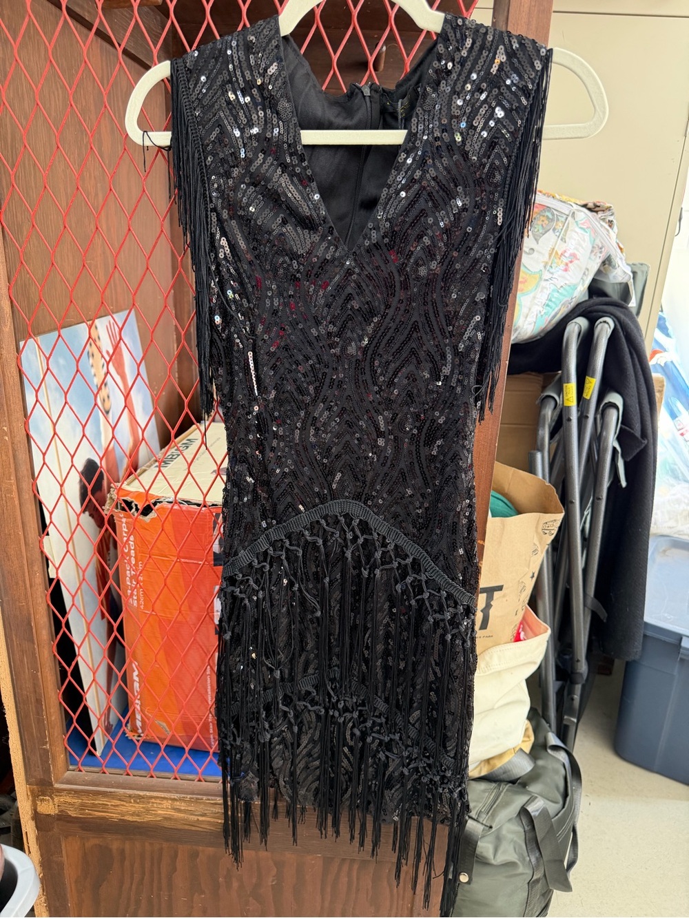 Black Sequin Fringe V-Neck Mini Dress
